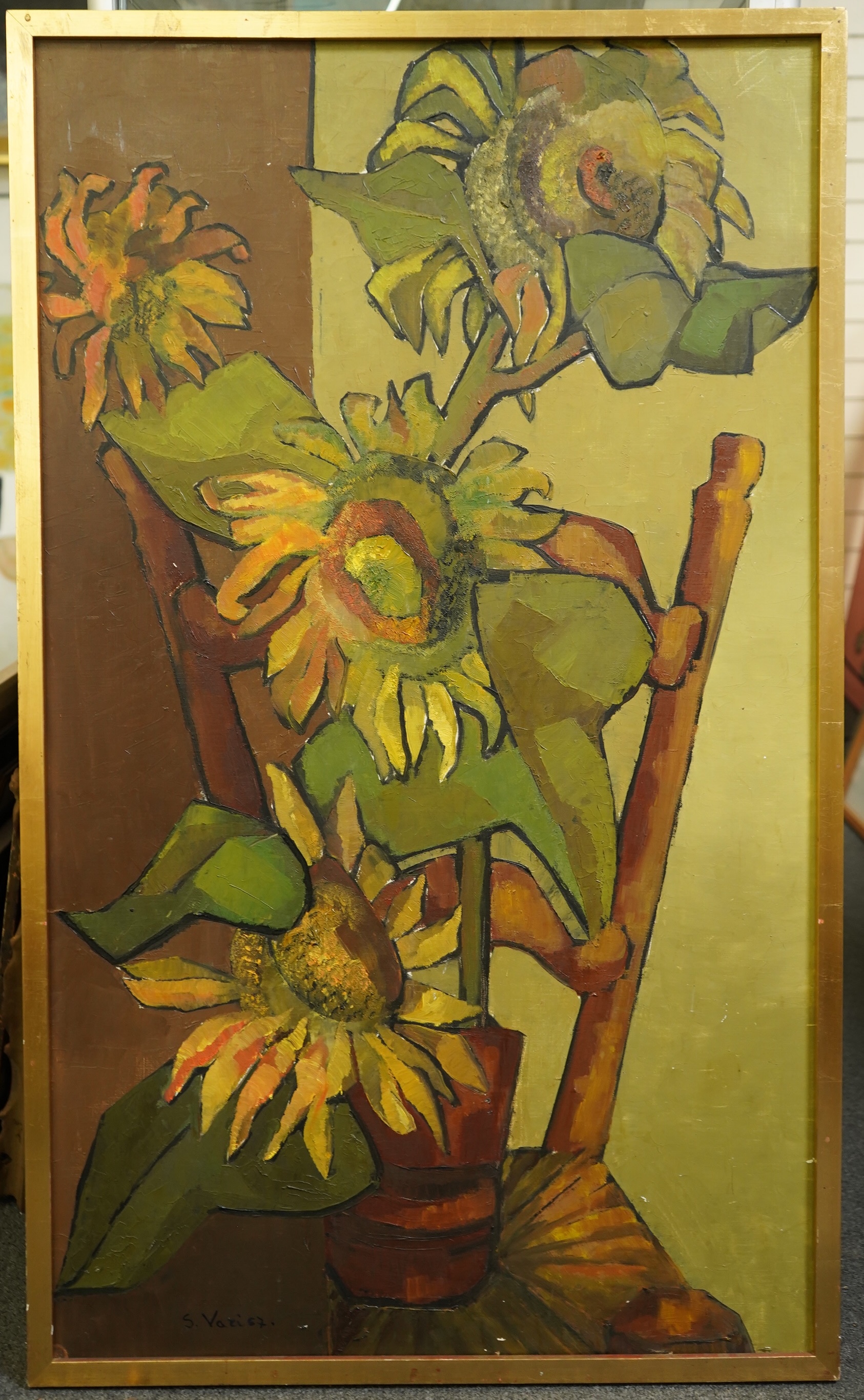 S. Vazi (Bouboulis), 'Sunflowers', oil on canvas, 109 x 64cm